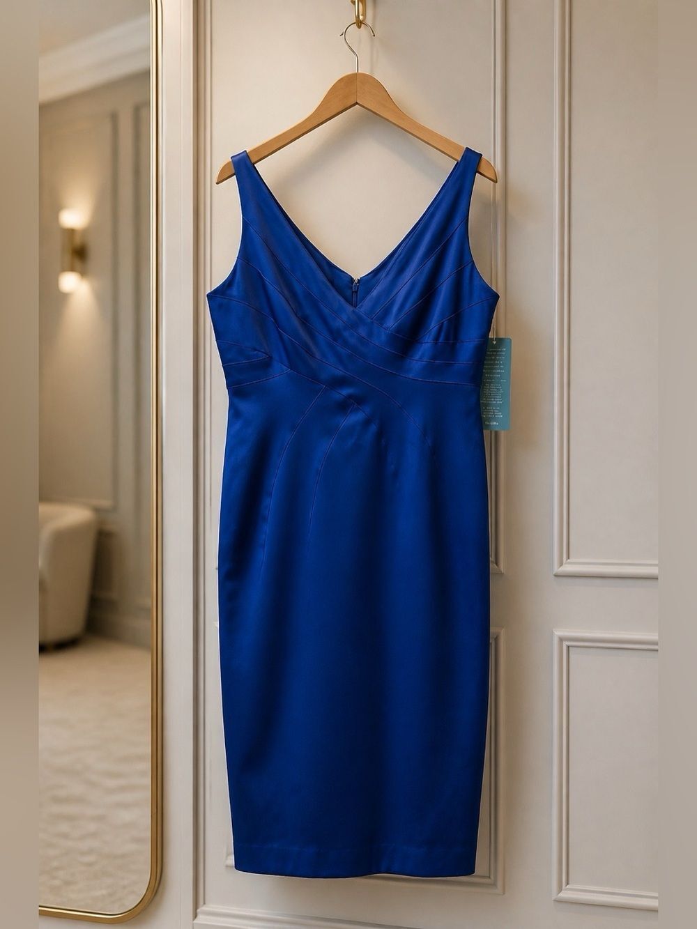 Jones Wear Cobalt Blue V-Neck Midi Sheath Dress